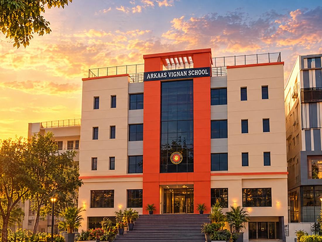 Front view of the Arkaas Vignan School building in Puppalguda, Hyderabad